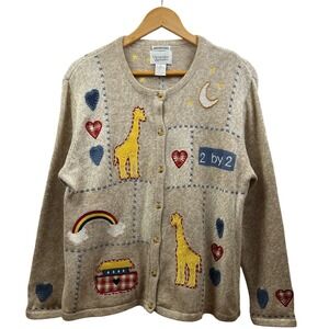 Christopher & Banks Cardigan Sweater Women L Beige Embroidered Whimsical Teacher